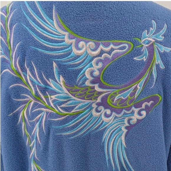 Boho Bob Mackie Wearable Art Peacock‎ Fleece Robe Sz. L Blue embroidered